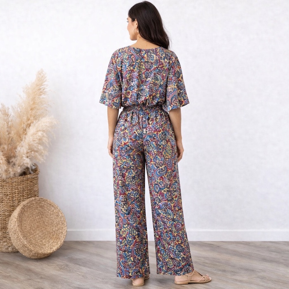 Rhea Rubi V Neck Jumpsuit in Teal And Burgundy Size OS NWT - Picture 4 of 8